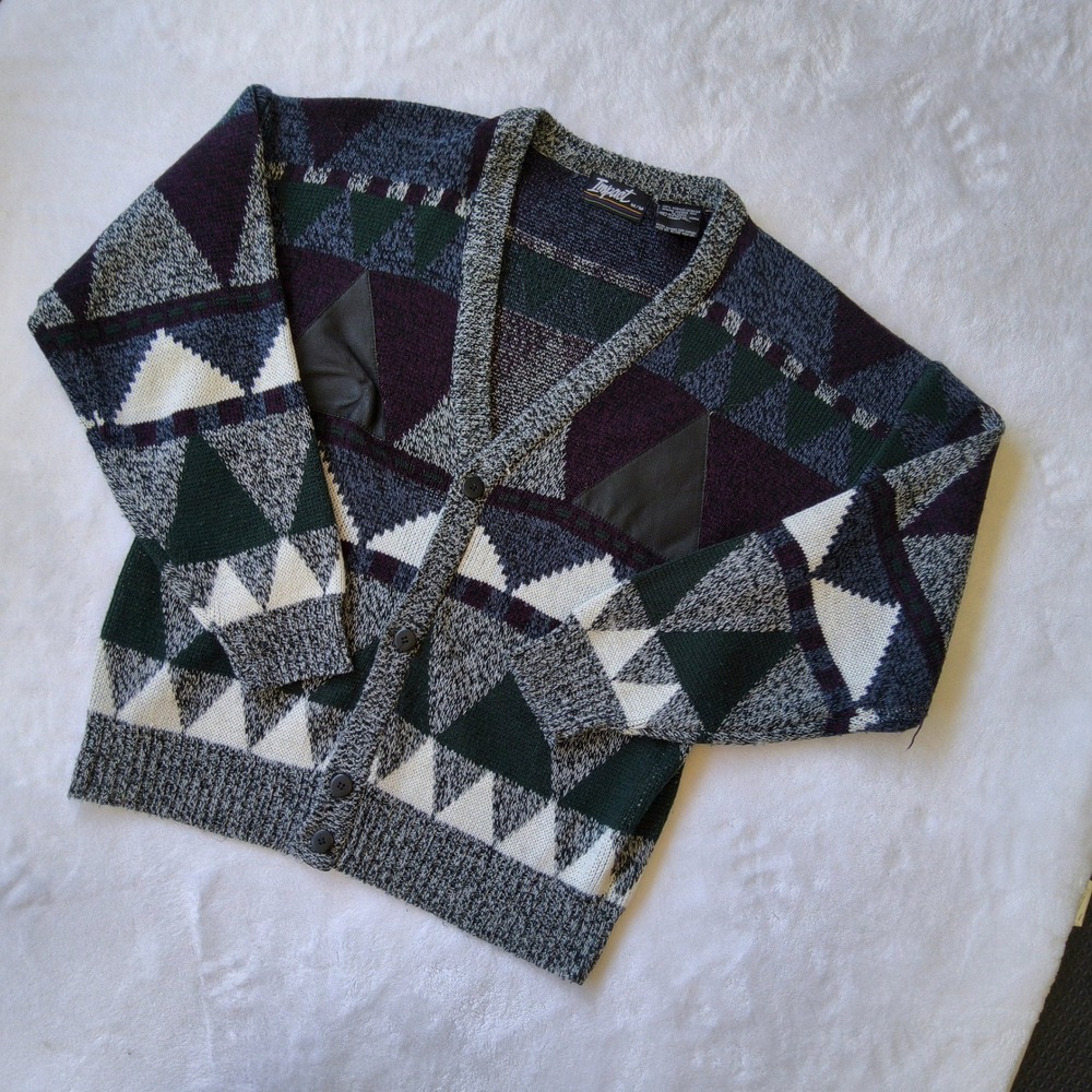 Impact Cardigan Sweater Mens Medium Multicolor Geometric Triangle Leather Trim